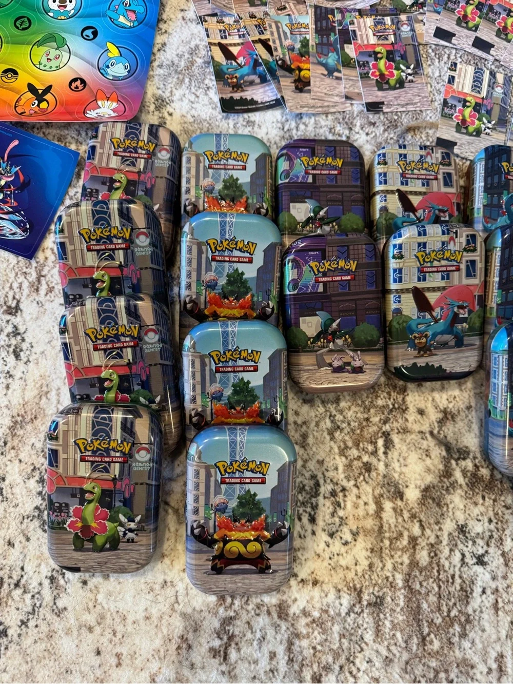 Pokemon Trading Card Tins and Cards - Blue, Green, Red, Yellow, Orange
